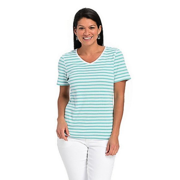 CHRISTOPHER AND BANKS Short Sleeve Stripe V Neck Top NWT - Picture 1 of 2